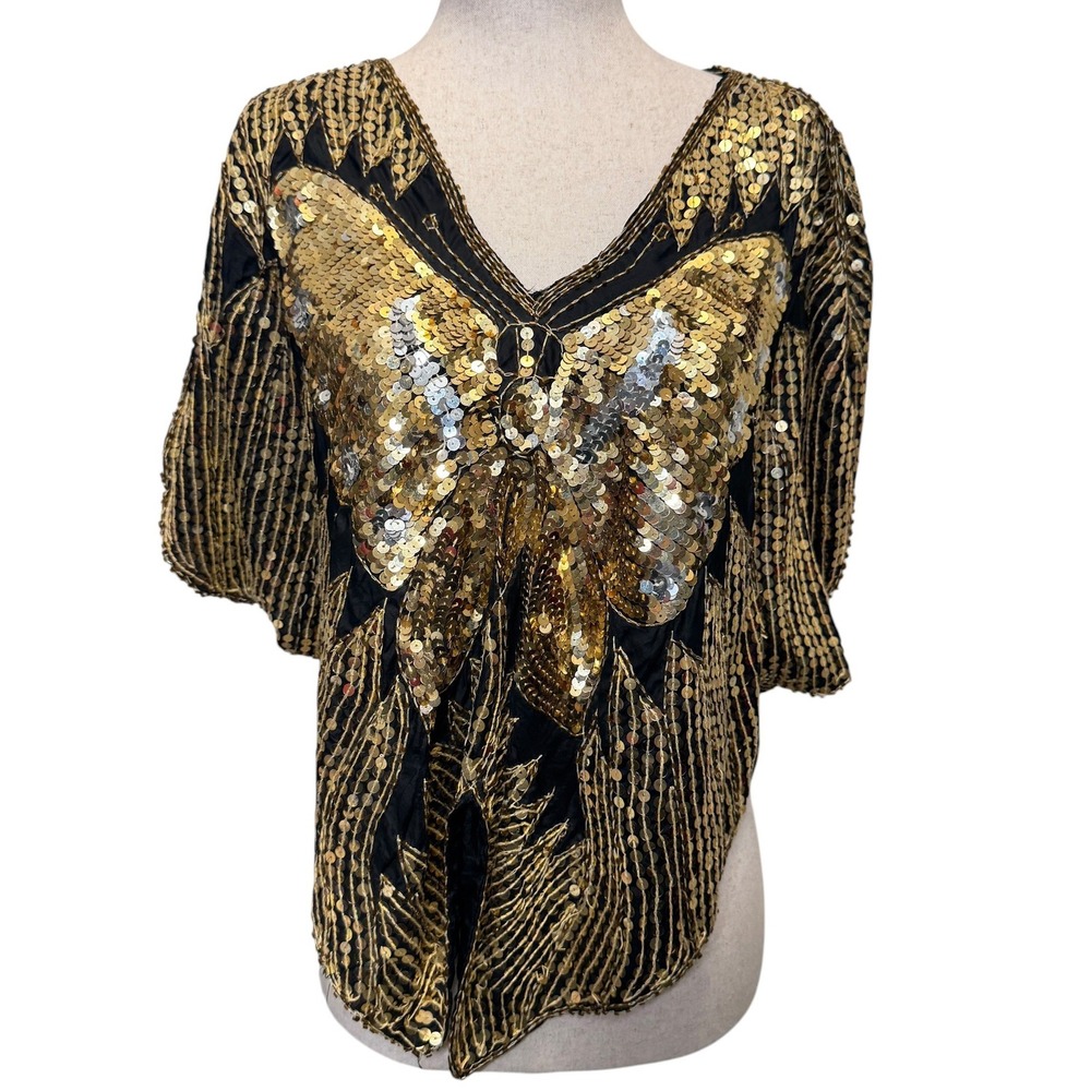 Vintage 80s 90s Sequin Butterfly Silk Top OS Gold Black Beaded Glam Disco Artsy